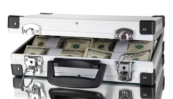 Resväska med 100 dollarsedlar isolerad på vit — Stockfoto