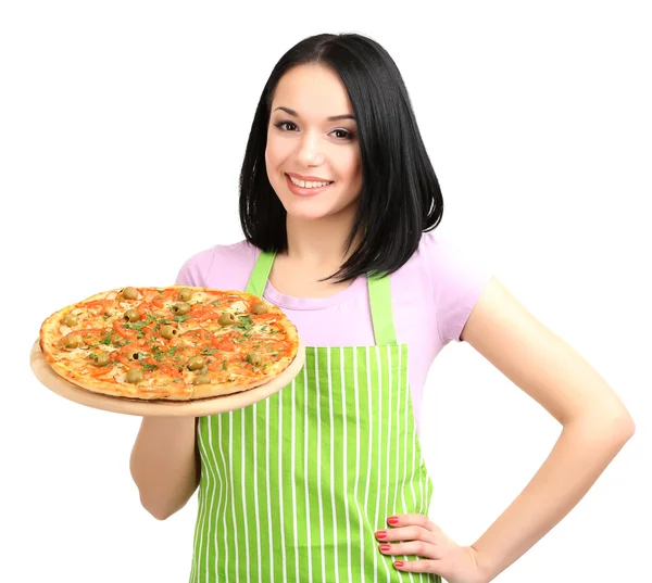 Menina dona de casa com deliciosa pizza isolada no branco — Fotografia de Stock