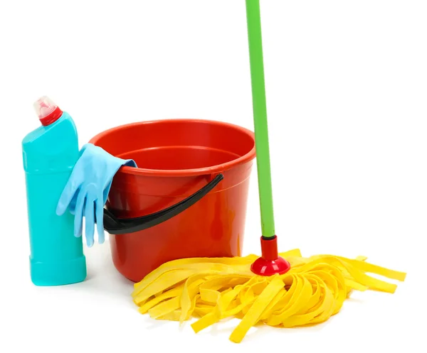 Mop, plastic bucket and rubber gloves, isolated on white — Stock Photo, Image