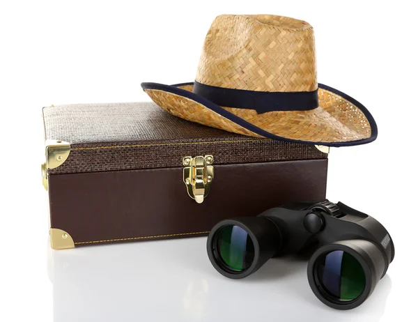 Black modern binoculars with suitcase and straw hat isolated on white — Stock Photo, Image