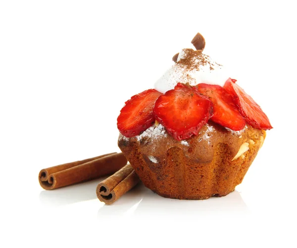 Tasty muffin cake with strawberries and chocolate, isolated on white Stock Picture