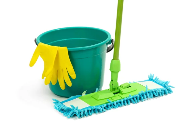 Mop, plastic bucket and rubber gloves, isolated on white — Stock Photo, Image