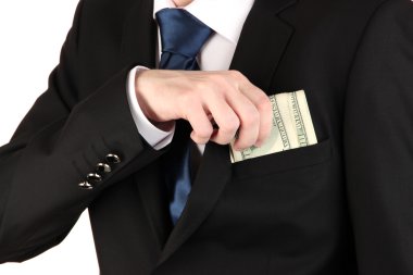 iş adamı para üzerinde beyaz izole cebinde saklanıyor