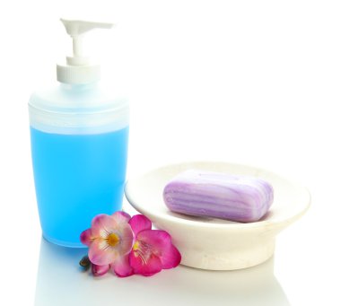 şişe ve Sabunluk ile üzerine beyaz izole sabun