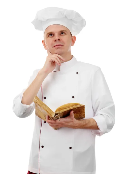 Chef pensando com receita de livro isolado em branco — Fotografia de Stock