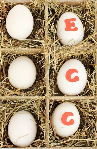 Huevos de Pascua decorativos en cesta de madera de cerca —  Fotos de Stock