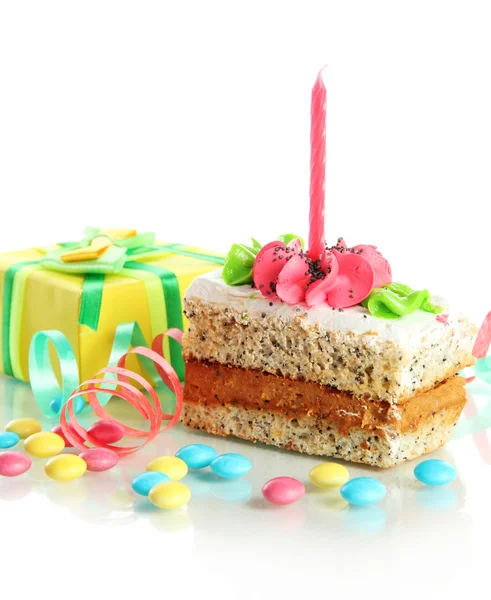 Colorful birthday cake with candle and gifts isolated on white — Stock Photo, Image