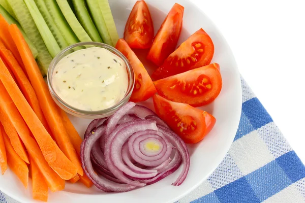 Assorted raw vegetables sticks in plate on napkin close up — Stock Photo, Image