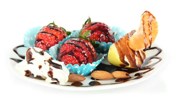 Fruit in chocolate isolated on white — Stock Photo, Image