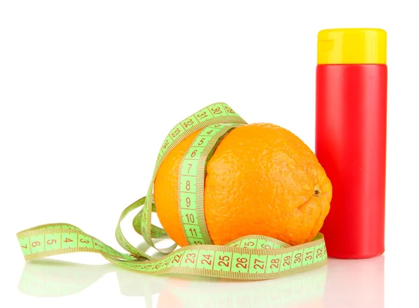 Orange with measuring tape and body cream, isolated on white — Stock Photo, Image