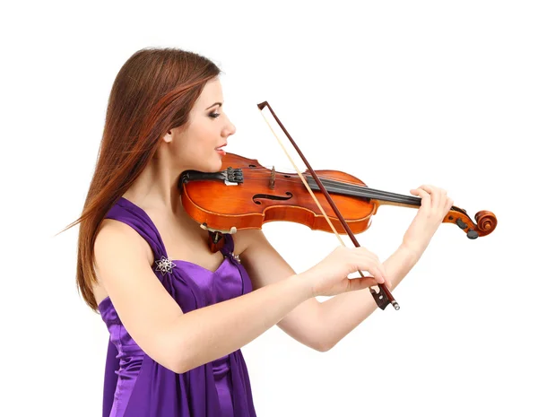 Hermosa joven con violín, aislada en blanco —  Fotos de Stock