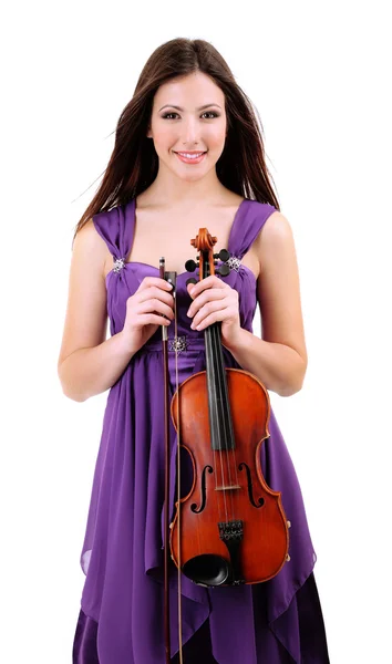 Beautiful young girl with violin, isolated on white — Stock Photo, Image