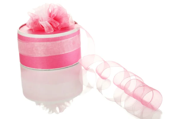 Present box with pink ribbon curl isolated on white — Stock Photo, Image