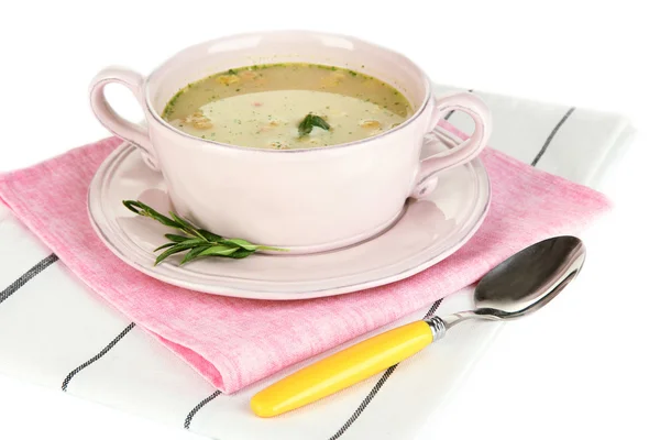 Nourishing soup with vegetables in pan isolated on white — Stock Photo, Image