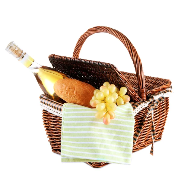 Picnic basket with grape and bottle of wine, isolated on white — Stock Photo, Image