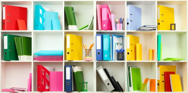 White office shelves with different stationery, close up — Stock Photo, Image