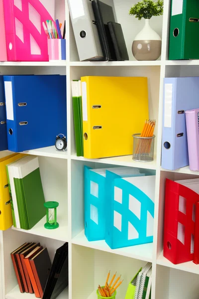 White office shelves with different stationery, close up — Stock Photo, Image