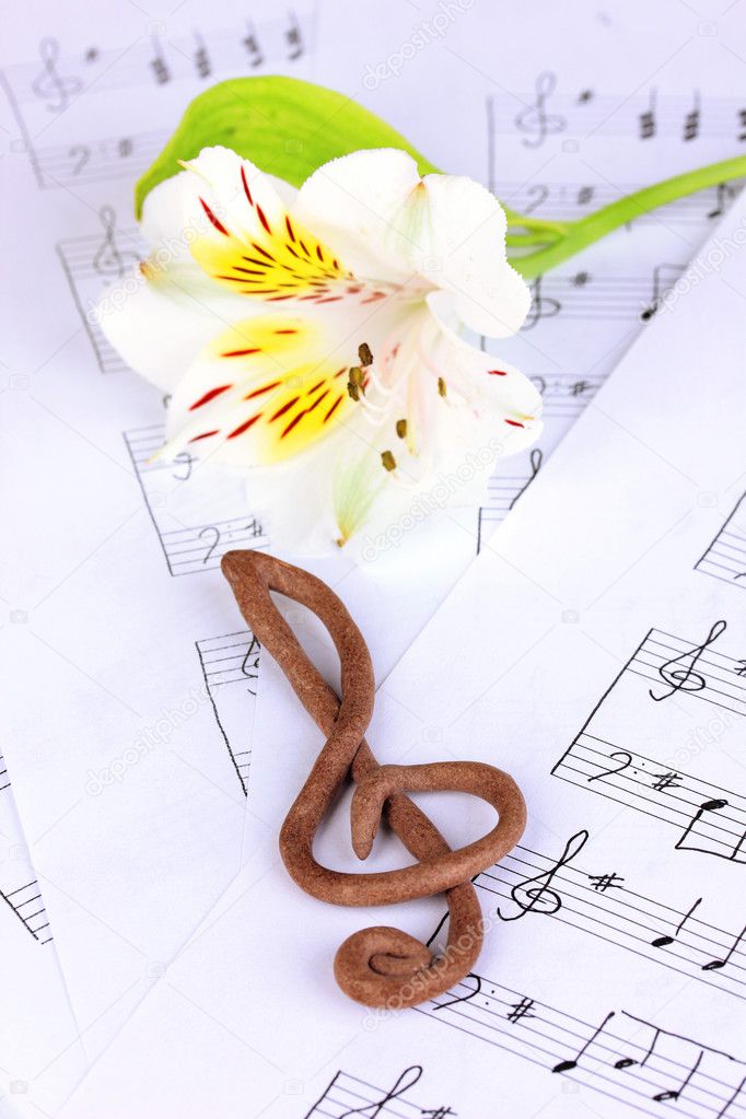 Treble clef and flower on musical background