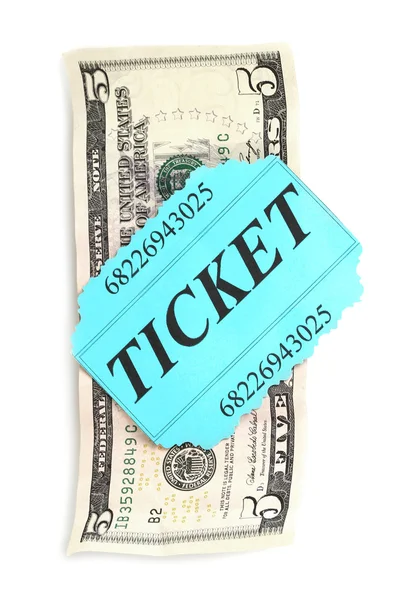 Colorful ticket with money isolated on white — Stock Photo, Image