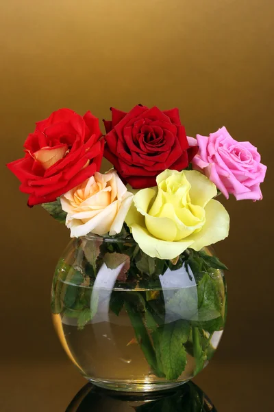 Beautiful roses in glass vase on orange background — Stock Photo, Image