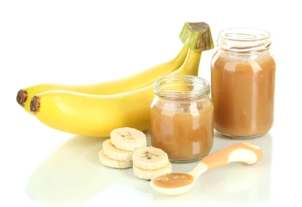 Babypüree mit Bananen isoliert auf weiß — Stockfoto