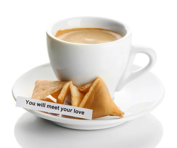 Kubek kawa i ciasteczka fortunę, na białym tle — Zdjęcie stockowe