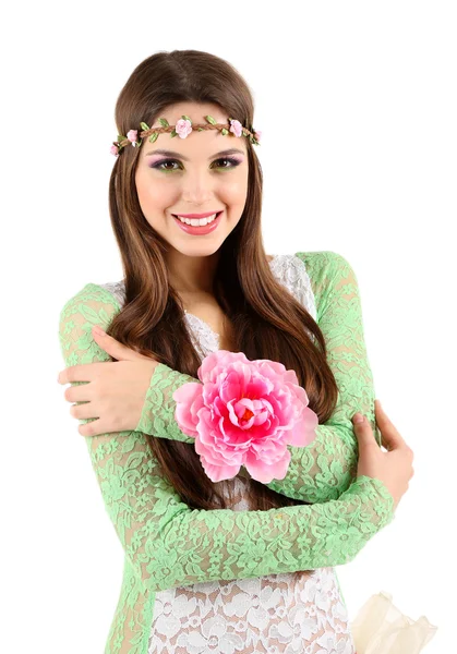 Bonito retrato de mulher primavera, isolado em branco — Fotografia de Stock