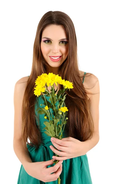 Joven chica hermosa en vestido verde con bonitas flores en la mano, aislado en blanco —  Fotos de Stock