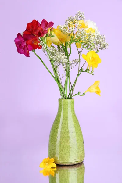 Beau bouquet de freesia en vase sur fond violet — Photo