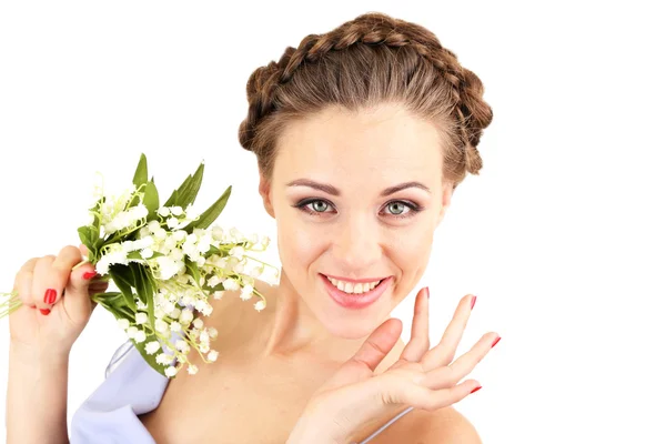 Jovem com belo penteado e flores, isolado em branco — Fotografia de Stock