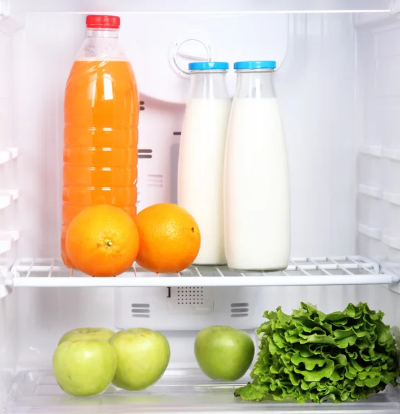 Open refrigerator with vegetarian (diet) food — Stock Photo, Image