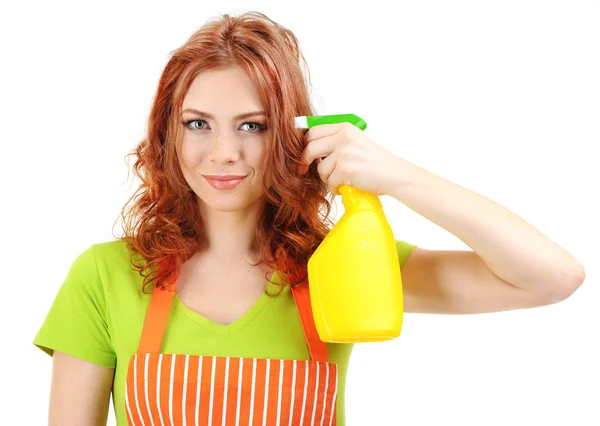 Young housewife with sprayer, isolated on white — Stock Photo, Image