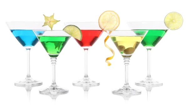 Alcoholic cocktails in martini glasses isolated on white — Stock Photo, Image