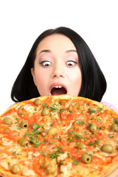 Schönes Mädchen mit großer Pizza isoliert auf weiß — Stockfoto