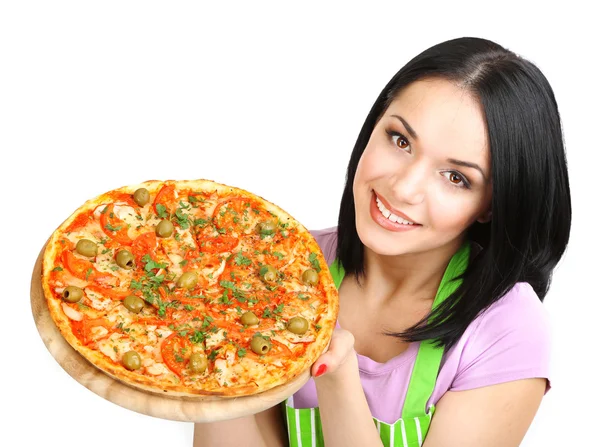 女孩与美味披萨上白色隔离的家庭主妇 — 图库照片