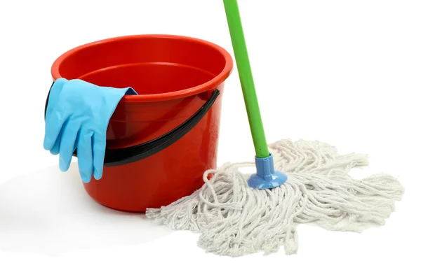 Mop, plastic bucket and rubber gloves, isolated on white — Stock Photo, Image