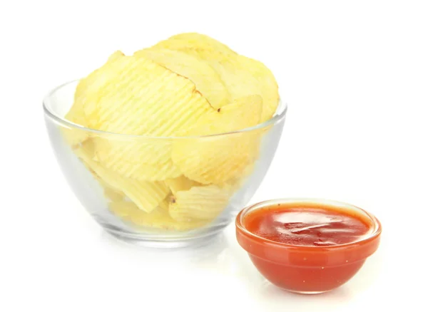 Potato chips in glass bowl and sauce, isolated on white — Stock Photo, Image