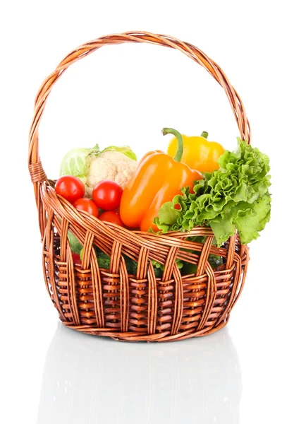 Fresh vegetables in wicker basket isolated on white — Stock Photo, Image