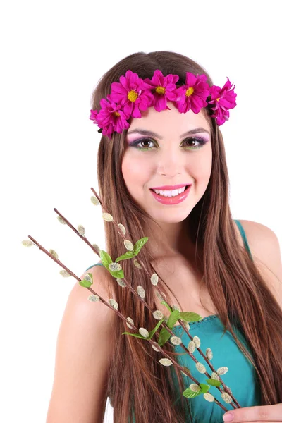 Beautiful girl with pussy-willow buds, isolated on white — Stock Photo, Image