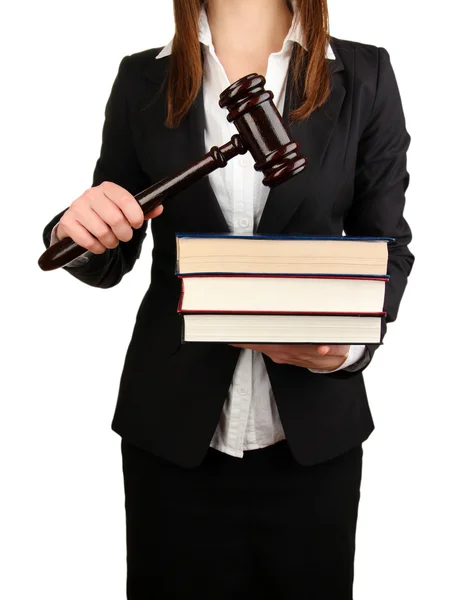 Frau mit Holzgabel und Gesetzesbüchern isoliert auf weißem Grund — Stockfoto