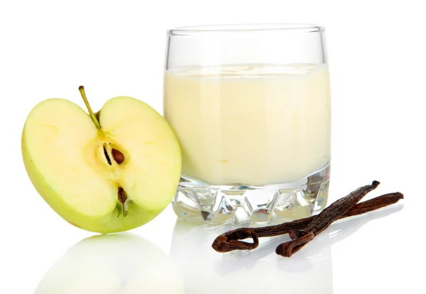 Delicious yogurt in glass with apple isolated on white — Stock Photo, Image