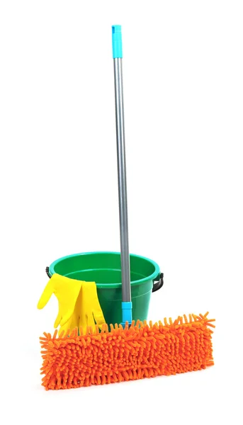 Mop, plastic bucket and rubber gloves, isolated on white — Stock Photo, Image