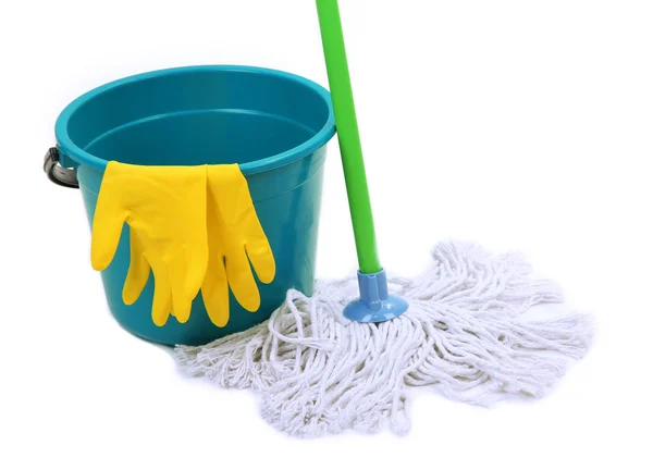 Mop, plastic bucket and rubber gloves, isolated on white — Stock Photo, Image