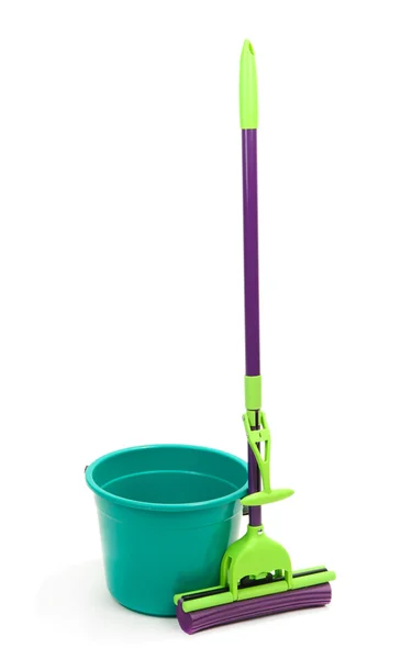 Mop, plastic bucket, isolated on white — Stock Photo, Image