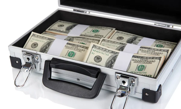 Suitcase with 100 dollar bills isolated on white — Stock Photo, Image