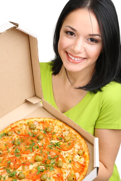 Beautiful girl with delicious pizza in pizza box isolated on white — Stock Photo, Image