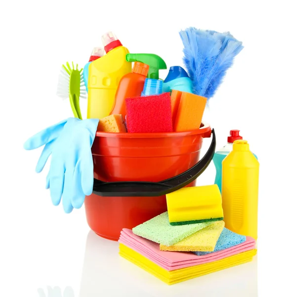 Cleaning items in bucket isolated on white — Stock Photo, Image