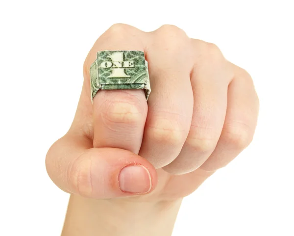 Dollar folded into ring on woman hand isolated on white — Stock Photo, Image