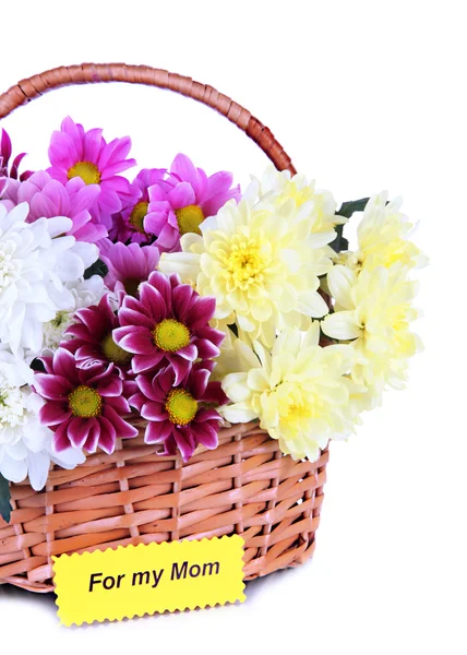 Bouquet of beautiful chrysanthemums in wicker basket isolated on white — Stock Photo, Image