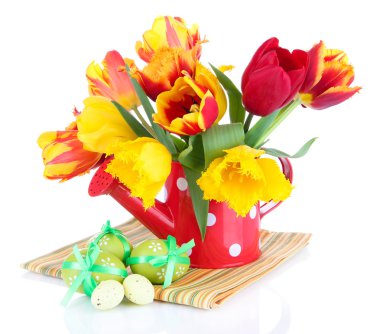 taze laleler ve üzerinde beyaz izole Paskalya yumurta Paskalya kompozisyonu